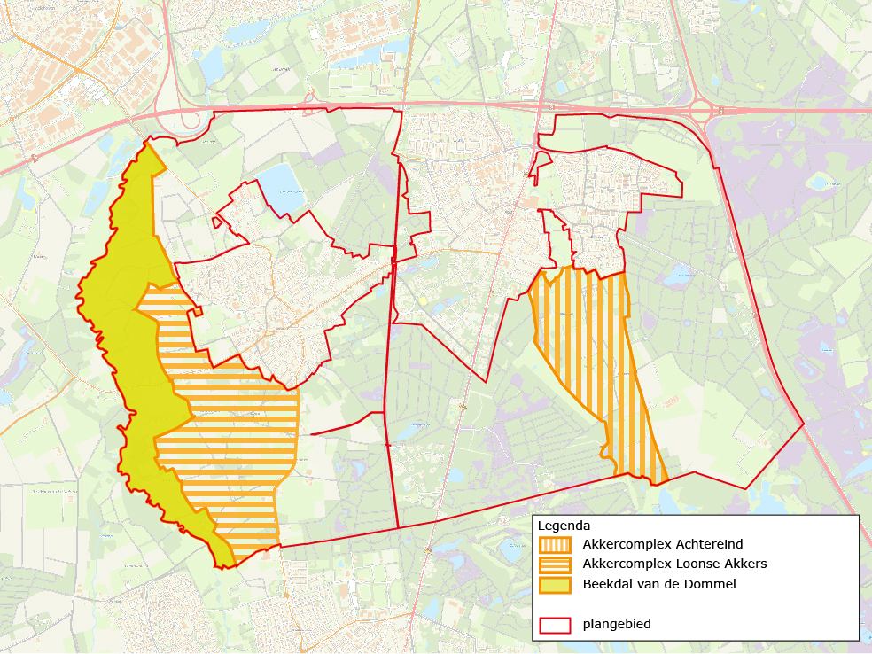 De ligging van de drie cultuurhistorische vlakken in het buitengebied van Waalre