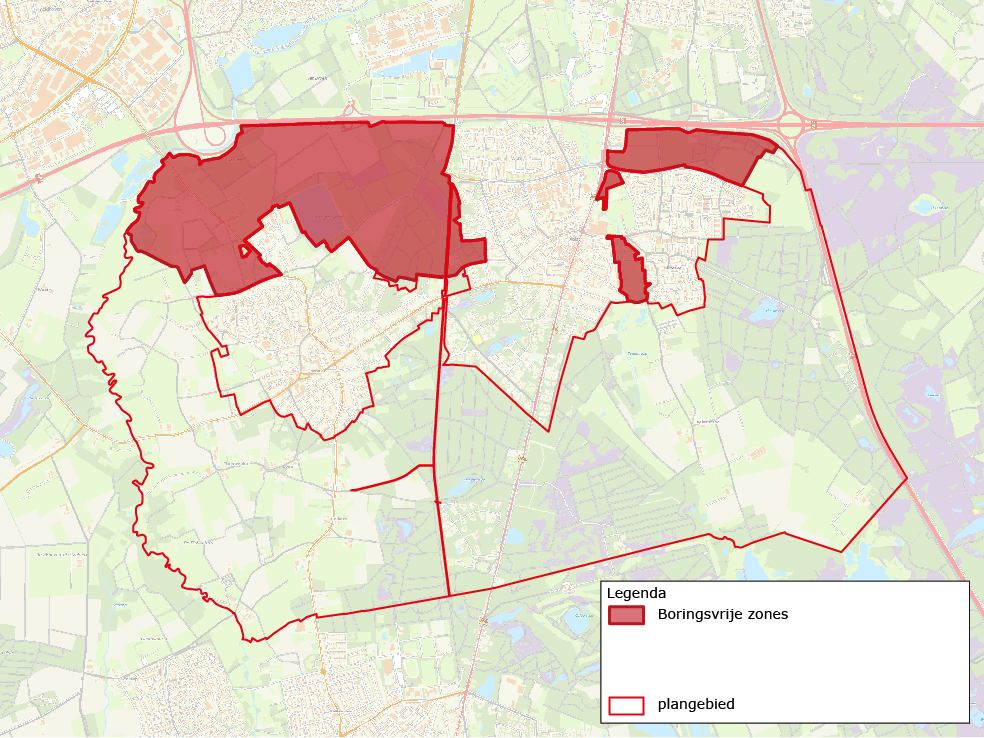 De delen van de boringsvrije zone die in het plangebied vallen.